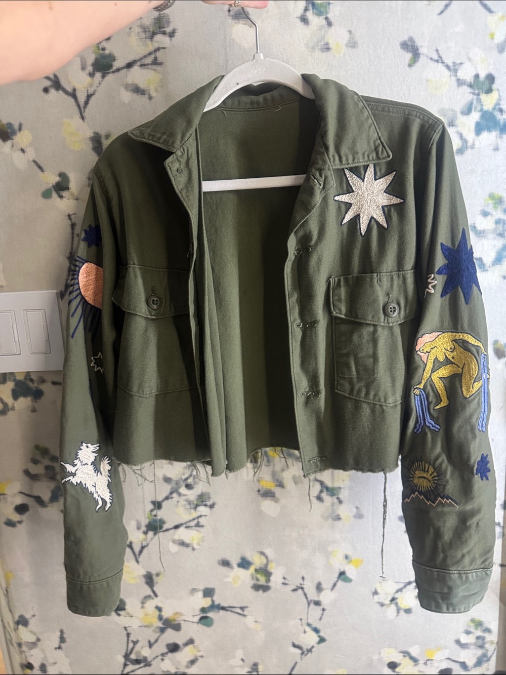 Olive Green Embroidered Utility Jacket - Women's Cropped Military Style
